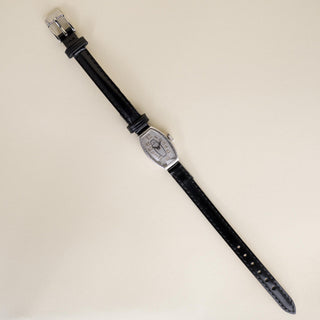 Art Deco Ladies Rolex 9K Gold Tonneau Shape on Black Thin Leather Strap