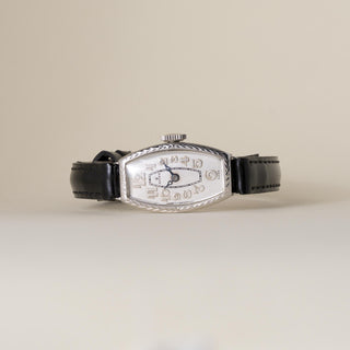 Art Deco Ladies Rolex 9K Gold Tonneau Shape on Black Thin Leather Strap