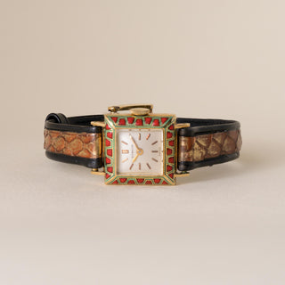 Vintage 1950's Gübelin 18K Yellow Gold & Enamel Watch with Silver Satin Dial