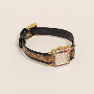 Vintage 1950's Gübelin 18K Yellow Gold & Enamel Watch with Silver Satin Dial