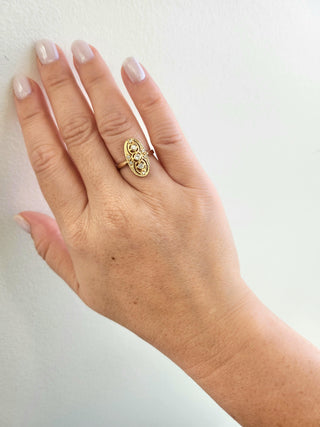 Estate 3 Stone Diamond Elongated Oval Filigree Ring 14K Yellow Gold