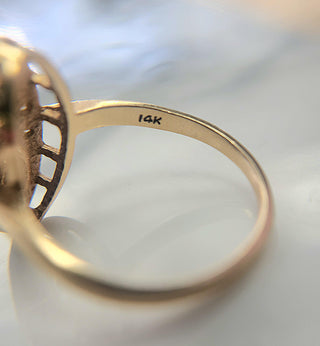 Estate 3 Stone Diamond Elongated Oval Filigree Ring 14K Yellow Gold