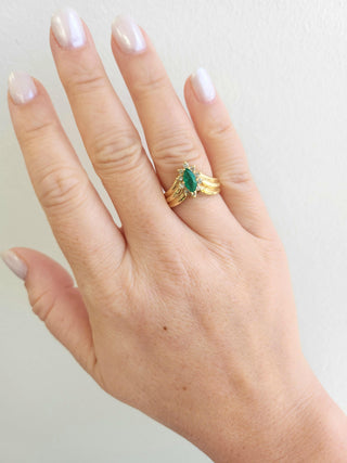 Vintage Emerald Marquise and Diamond Halo Cocktail Ring 14K Yellow Gold