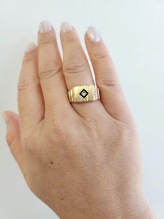 Vintage Modernist Diamond Solitaire Ring Brushed  14K Yellow Gold