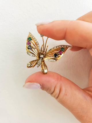 Estate Multi Gemstone and Diamond Butterfly Brooch 14K Two Tone Gold