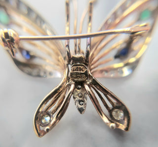 Estate Multi Gemstone and Diamond Butterfly Brooch 14K Two Tone Gold