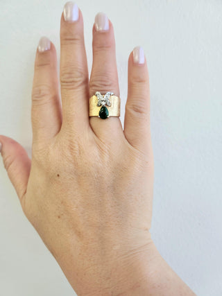 Vintage Midcentury Jade and Diamond Butterfly Wide Band Ring 14K Gold