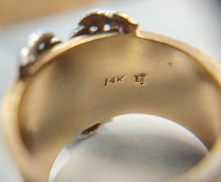 Vintage Midcentury Jade and Diamond Butterfly Wide Band Ring 14K Gold