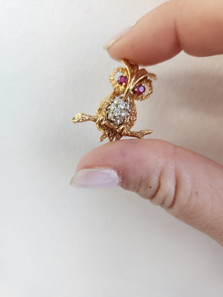 Vintage Owl Diamond and Ruby Eyes Brooch 14K Yellow Gold
