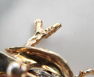 Vintage Owl Diamond and Ruby Eyes Brooch 14K Yellow Gold