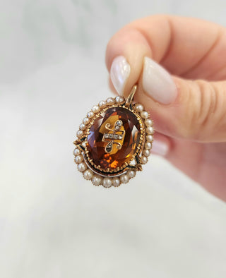 Victorian Citrine, Seed Pearl and Rose Cut Diamond Pendant 14K Yellow Gold