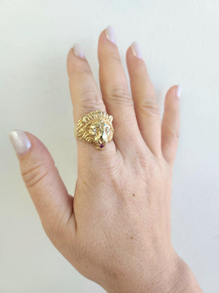 Vintage 14K Gold Lion Head Diamond and Ruby Ring