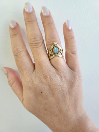 Vintage Opal Pear Shape Princess Crown Ring 14K Yellow Gold