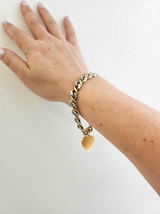 Vintage 18K Gold Heart Tag Chain Link Bracelet Two Tone