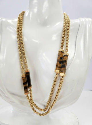 Vintage 1970s Tiger's Eye Gemstone Long  Station Chain Necklace 14K Yellow Gold