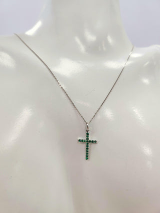 Green Emerald Cross 18K White Gold