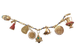 18K Gold Multi Vintage Charm Bracelet on Enamel Chain