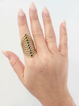 18K Gold Rose Cut Black Diamond Bezel Set Elongated Ring