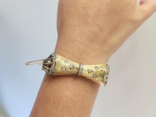 Retro 14K Brushed Gold and Diamond Stars Bow Tie Bangle Bracelet