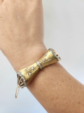 Retro 14K Brushed Gold and Diamond Stars Bow Tie Bangle Bracelet