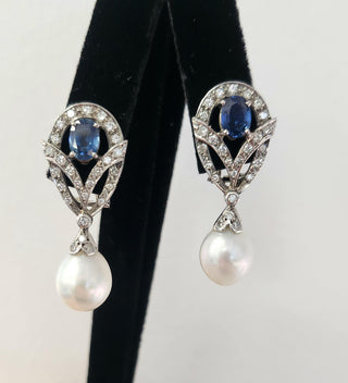 Vintage 18K White Gold Sapphire Diamond and Pearl Drop Earrings