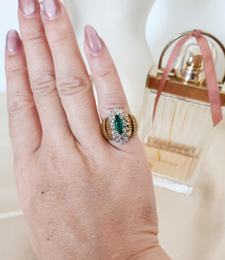 Vintage 18K Plat Emerald Marquise and Diamond Scallop Ring