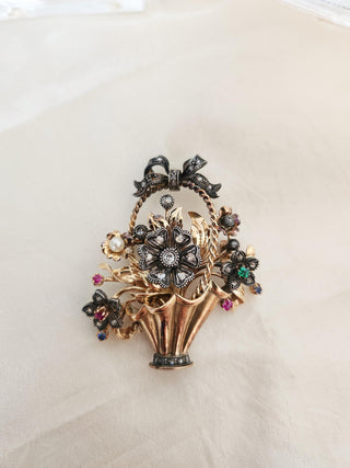 Victorian 18K and Platinum Gemstone and Antique Diamond Floral Basket Brooch