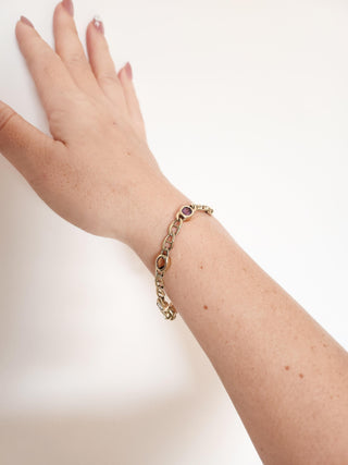 Vintage 14K Gold Multi Gemstone Bezel Curb Chain Link Bracelet