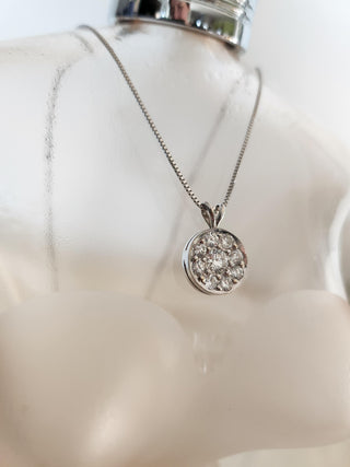 18K White Gold 1.25 Carat  Diamond Cluster Circle Pendant Necklace