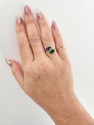 18K Gold Toi et Moi Emerald and Sapphire Pear Shape Ring