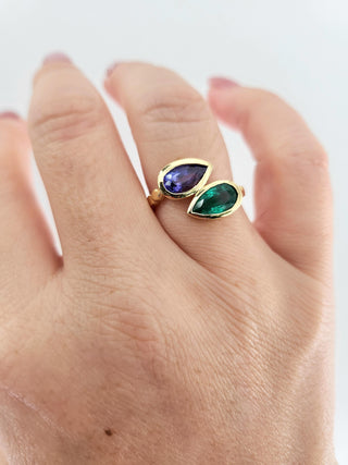 18K Gold Toi et Moi Emerald and Sapphire Pear Shape Ring