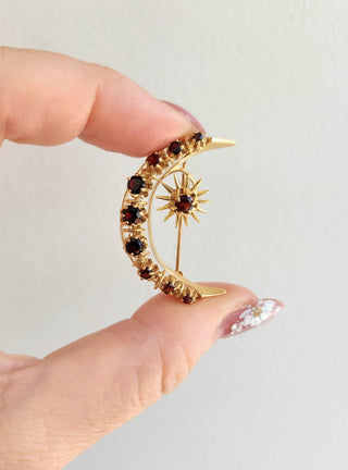 Vintage 14K Gold Crescent Moon and Star Garnet Brooch