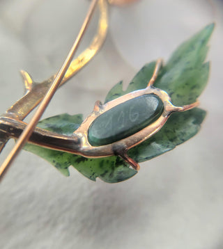 Vintage 14K Gold Quartz and Nephrite Flower Diamond Brooch