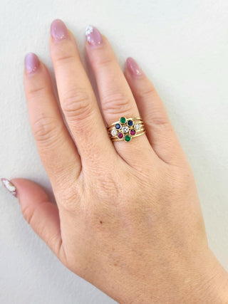 Vintage 14K Gold Emerald, Ruby and Diamond Bezel Set Ring Bands