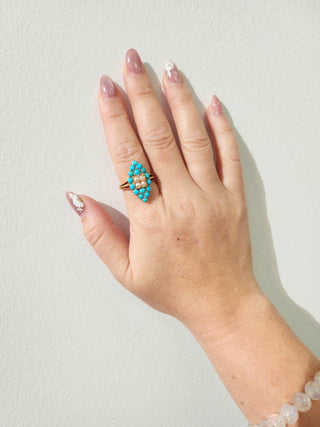 Vintage 18K Rose Gold Turquoise and Pearl Navette Ring