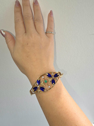 Vintage 14K Gold Emerald, Antique Cut Diamond and Cobalt Blue Enamel Bangle