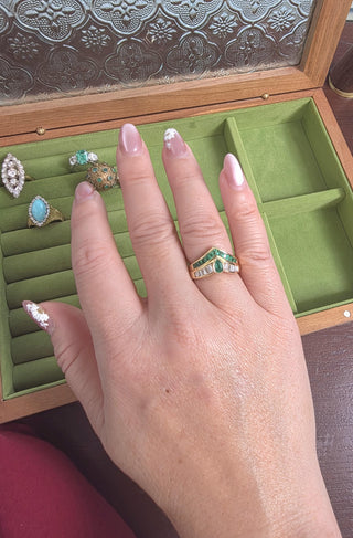 18K Gold Emerald Pear Shape and Diamond Channel Set Ring Band