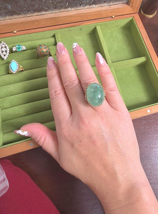 Vintage 14K Gold 35 Carat Emerald Cabochon and Diamond Dome Cocktail Ring