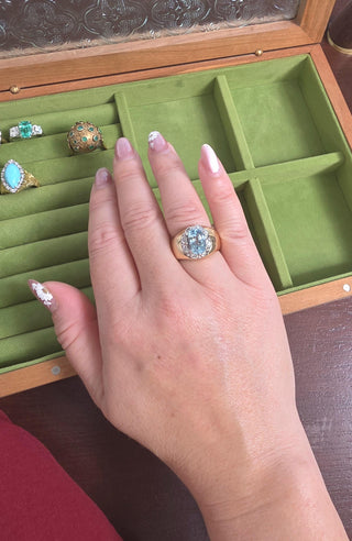 Vintage 14K Gold 2.50 Carat Aquamarine Oval and Diamond Wide Band Ring