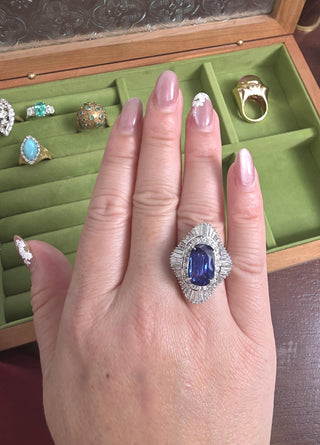 Vintage Plat 4.19 Carat Elongated Oval Sapphire and Diamond Ballerina Ring GIA