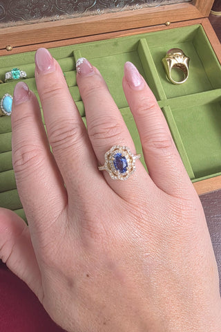 18K Gold 2.01 Carat Sapphire Oval and Diamond Floral Halo Ring