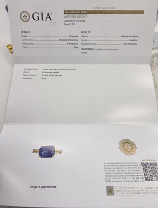 18K Gold 4.57 Carat Blue Sapphire GIA Emerald Cut Twisted Band Solitaire