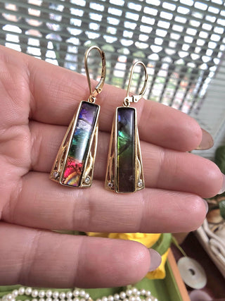 Vintage 14K Gold Rainbow Ammolite and Diamond Dangle Earrings