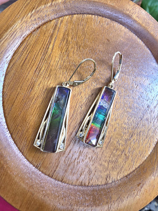 Vintage 14K Gold Rainbow Ammolite and Diamond Dangle Earrings