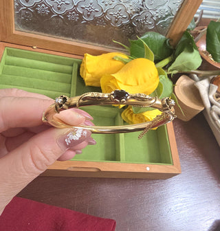 Victorian 14K Gold Garnet & Pearl Bangle
