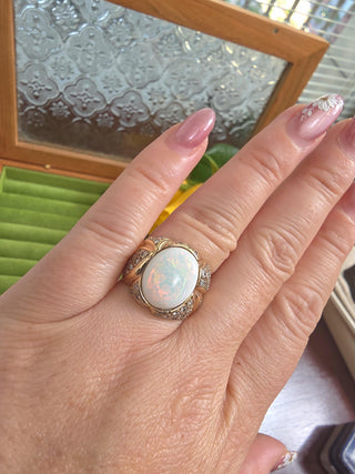 Vintage 14K Gold Opal Bezel Set and Diamond Pave Ring