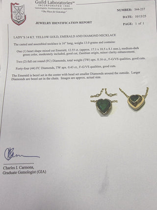 14K Gold 12.55 Carat Emerald Heart Shape Bezel Set Diamond Chain Necklace