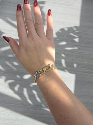 Vintage 14K Gold Painted Birds Crystal Framed Bracelet