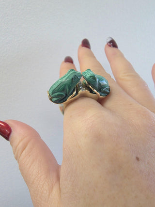 Vintage 14K Malachite and Diamond Kissing Frogs Artisan Ring