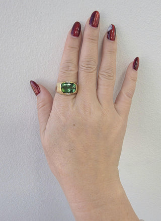 Vintage 18K Gold Green Tourmaline Elongated Cushion and Diamond Ring
